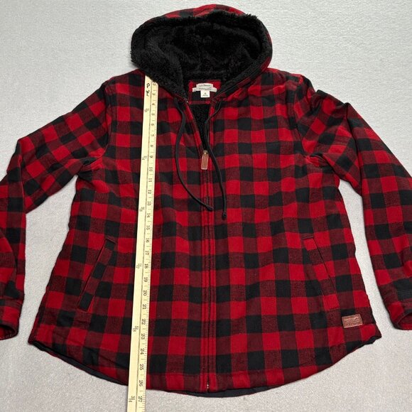 LL Bean Relaxed Fit Flannel Shacket Sherpa Lined Red/Black Plaid Hoodie Medium - Picture 6 of 12